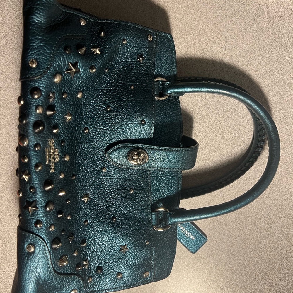 Coach Mercer dark emerald metallic 24 rivet purse